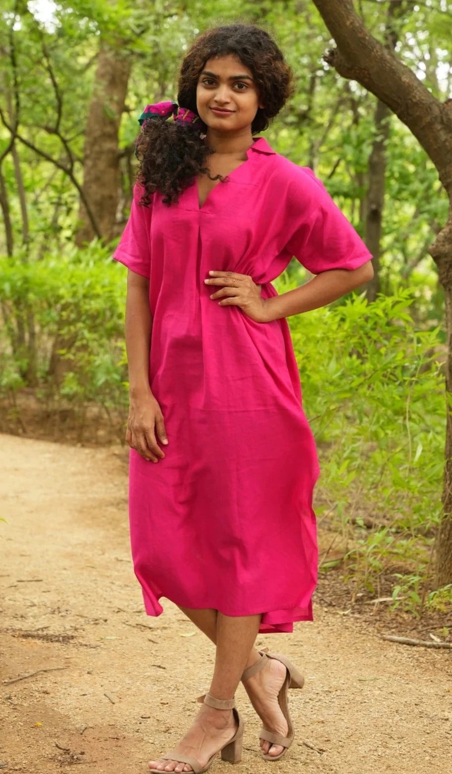 Bright pink Linen shirt dress kuhooco Bright pink Linen shirt dress kuhooco