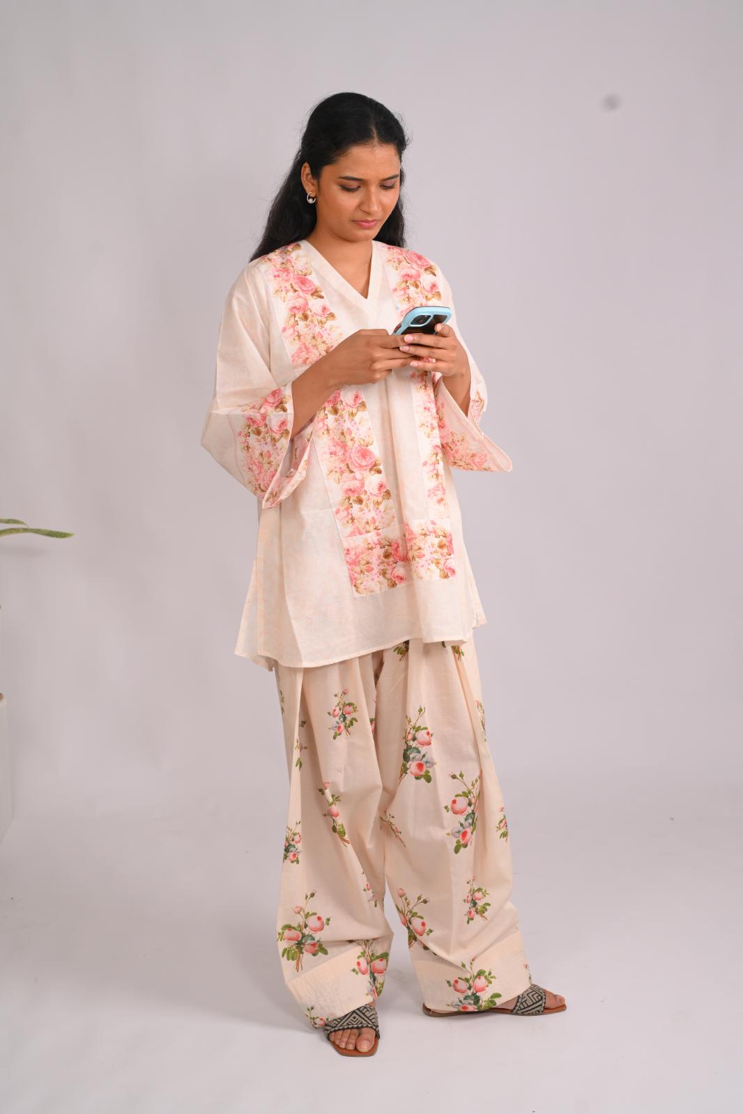Frosted Roses Short Top With Farshi Salwar
