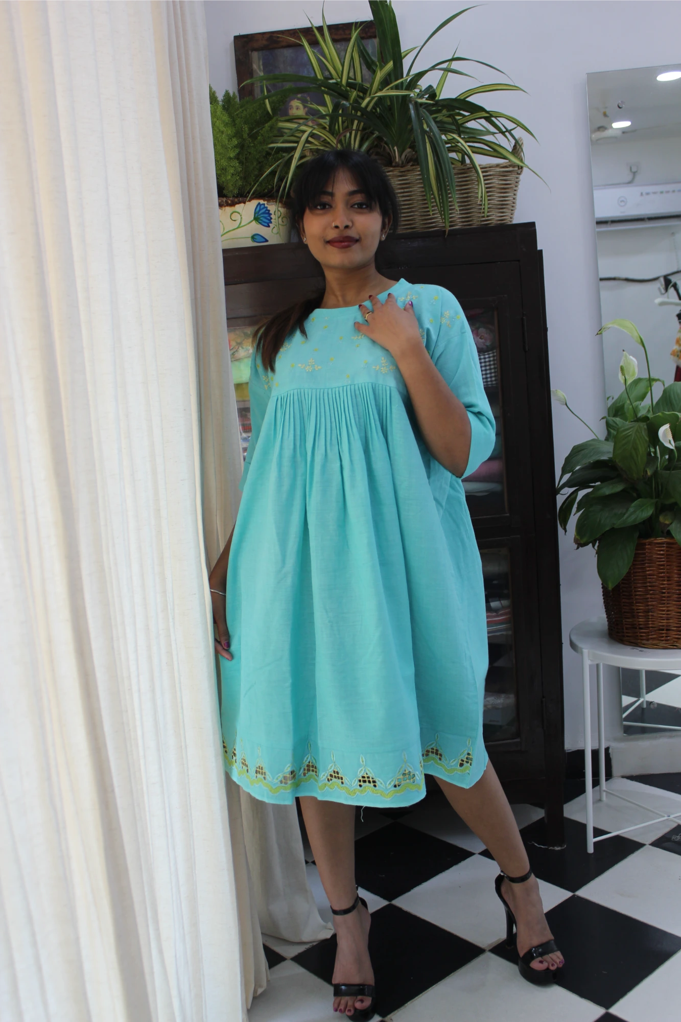 Blue embroidery cut work frock
