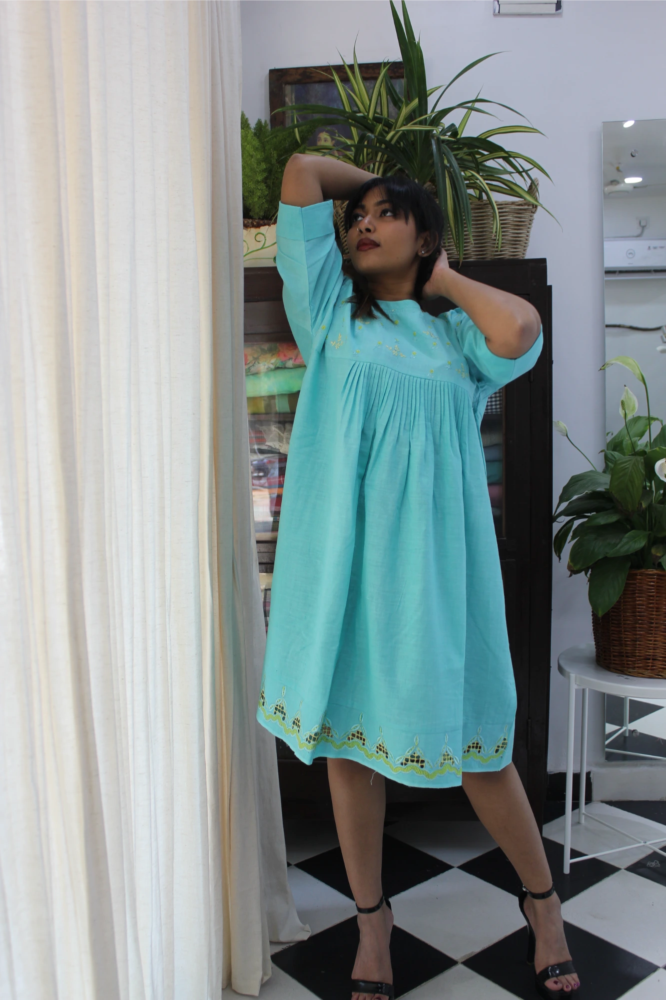 Blue embroidery cut work frock