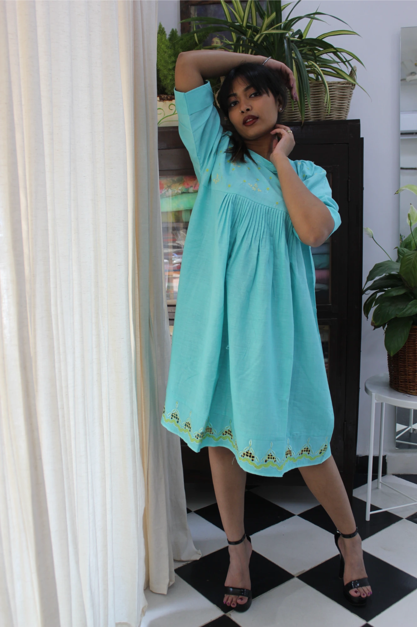 Blue embroidery cut work frock