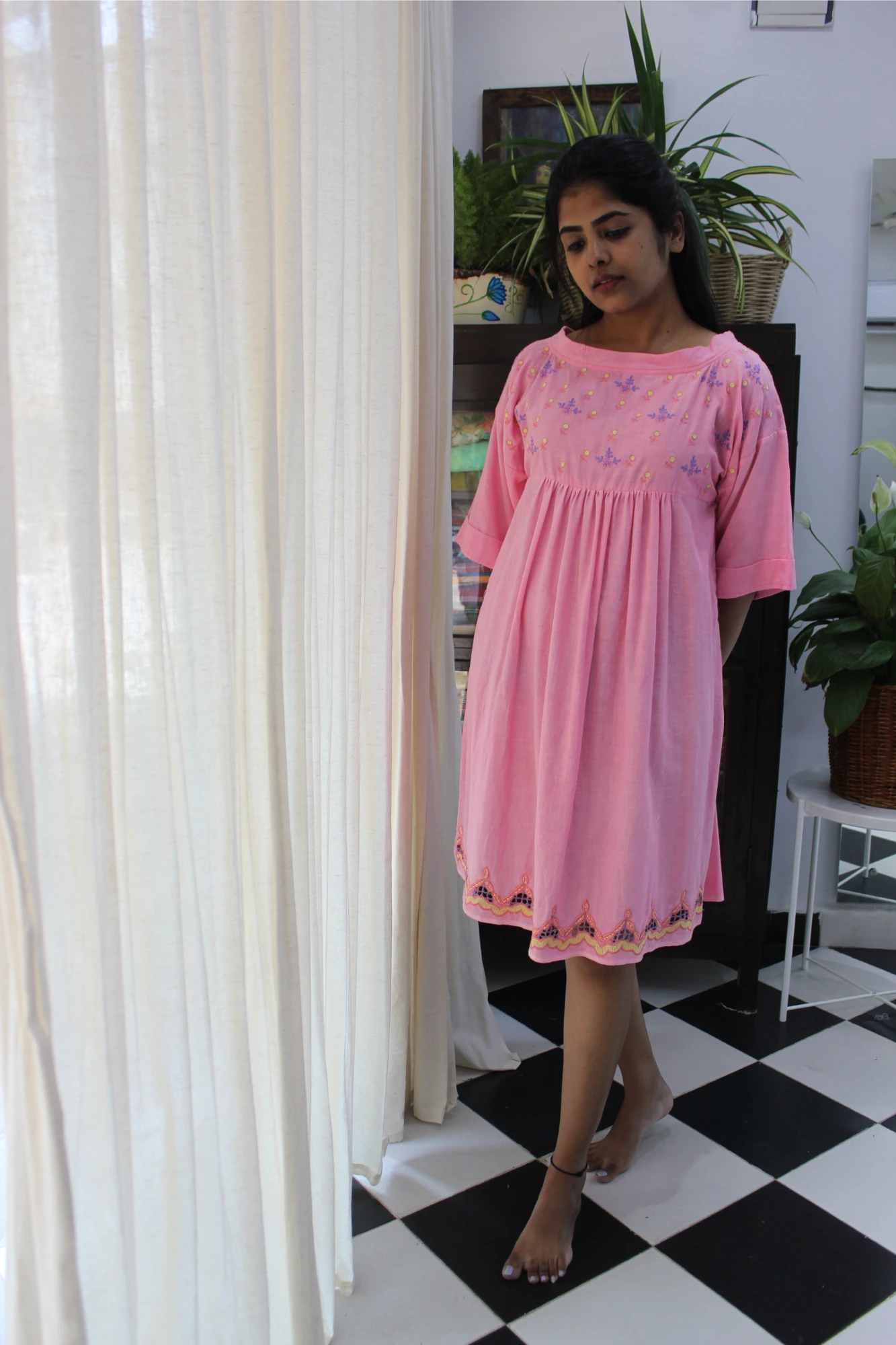 Candy pink embroidery cut work frock