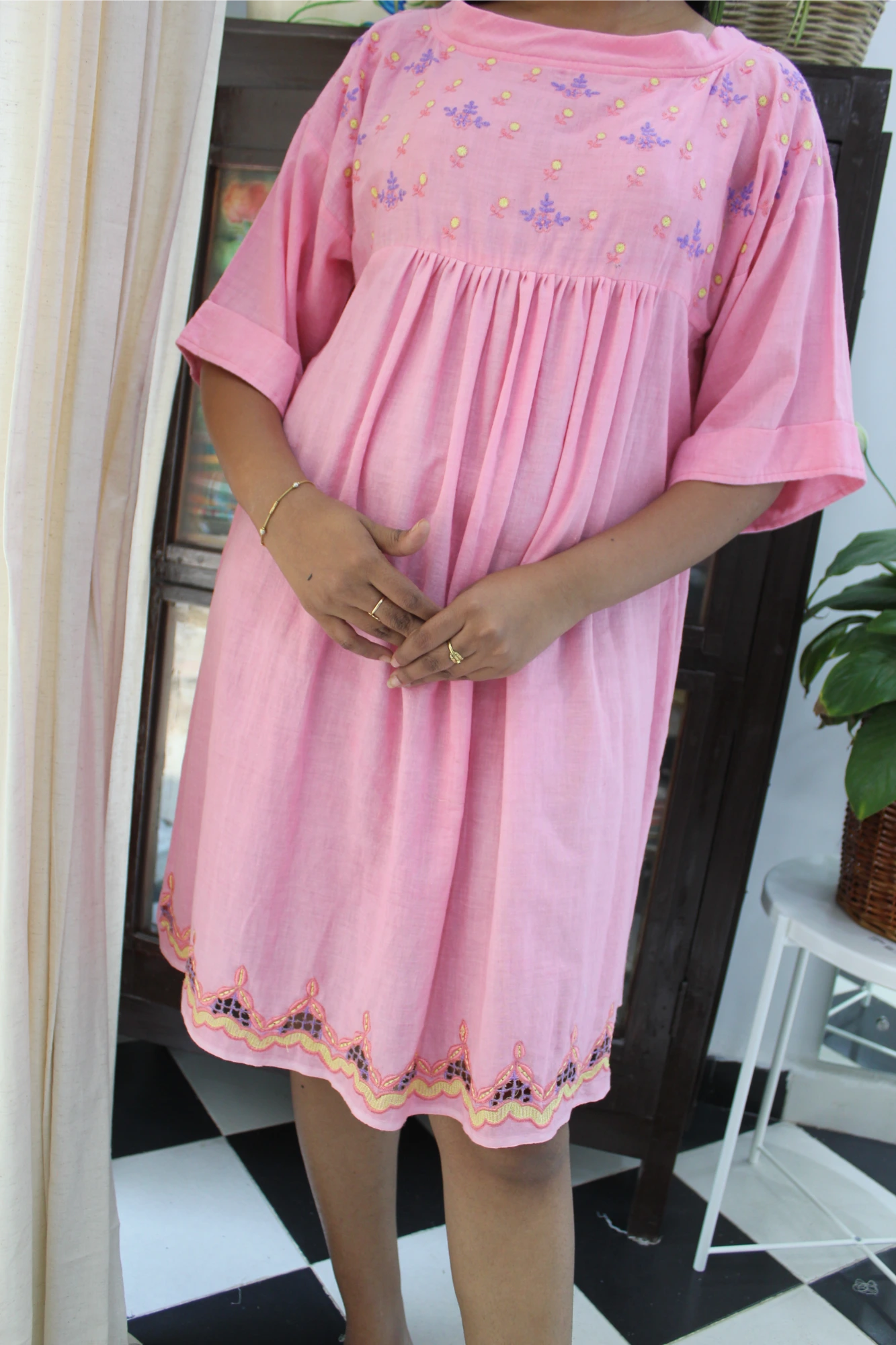 Candy pink embroidery cut work frock