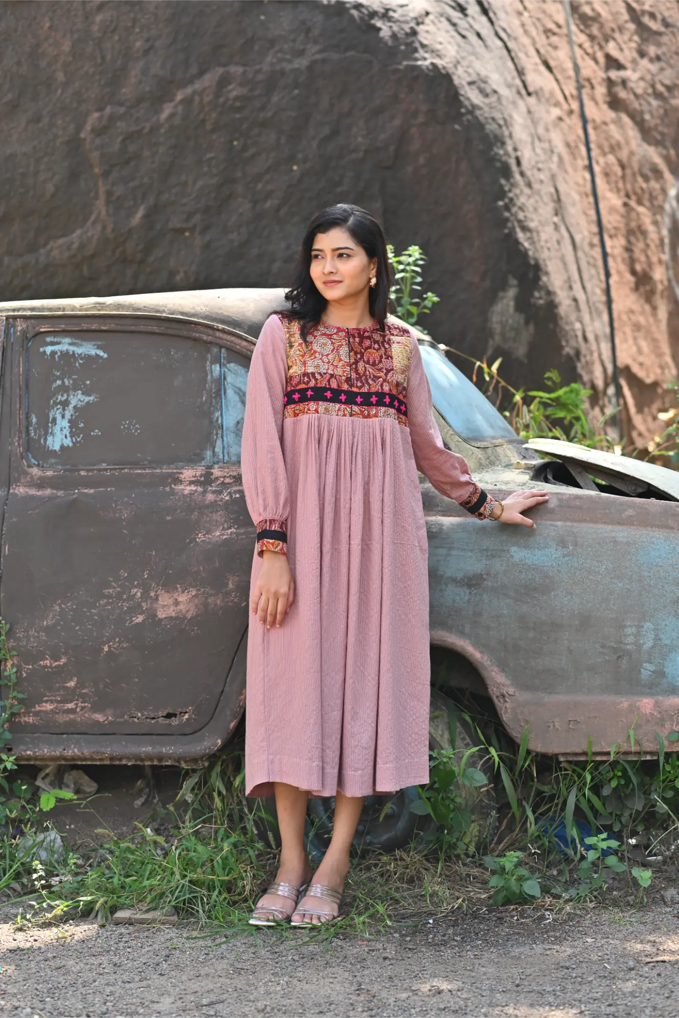 Plum Aura Cotton Dress with Kalamkari Patchwork kuhooco Plum Aura Cotton Dress with Kalamkari Patchwork kuhooco
