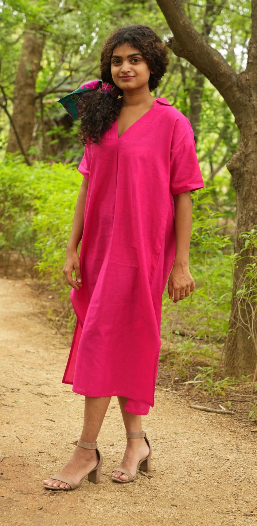 Bright pink Linen shirt dress