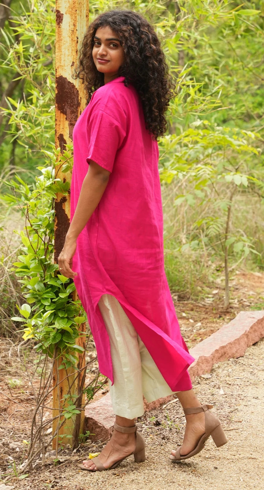 Bright pink Linen shirt dress with pant