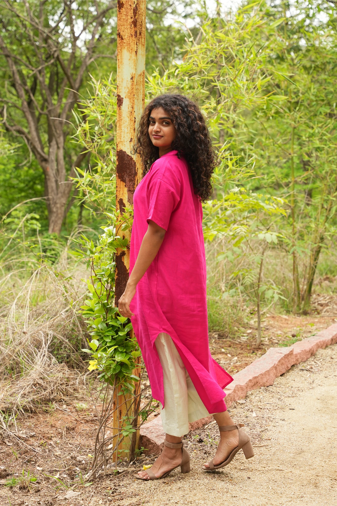 Bright pink Linen shirt dress with pant