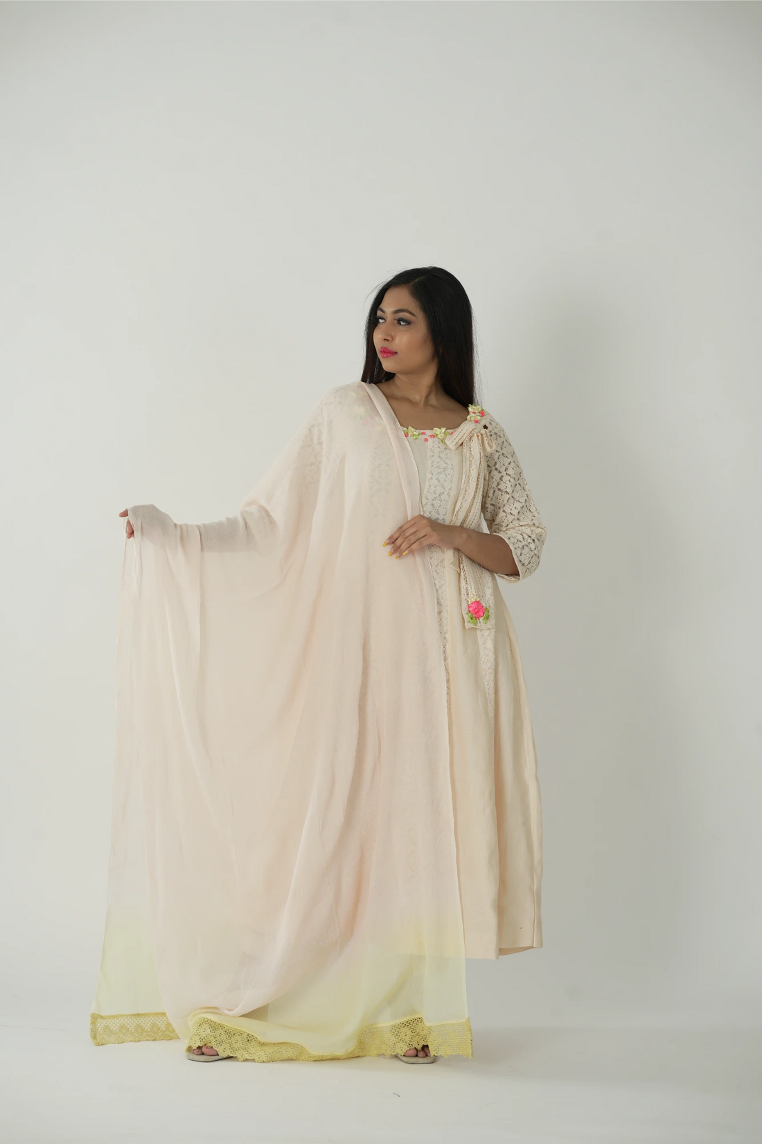 Peachy candy kurta set with dupatta.