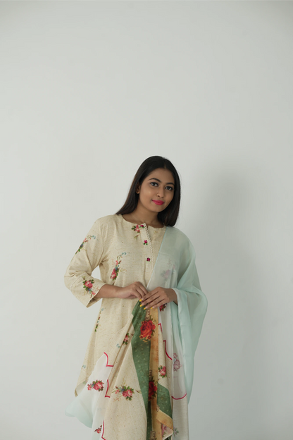 paper floral kurta set with dupatta.