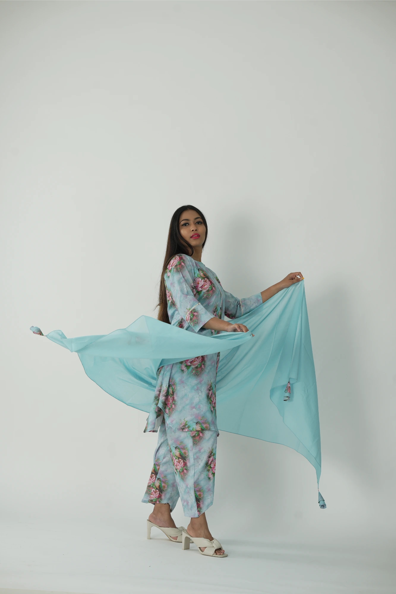 sea blue kurta set with dupatta.