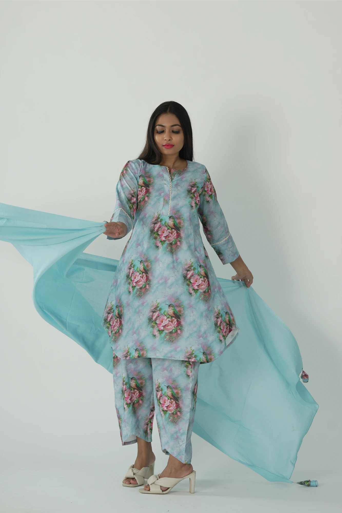 sea blue kurta set with dupatta.