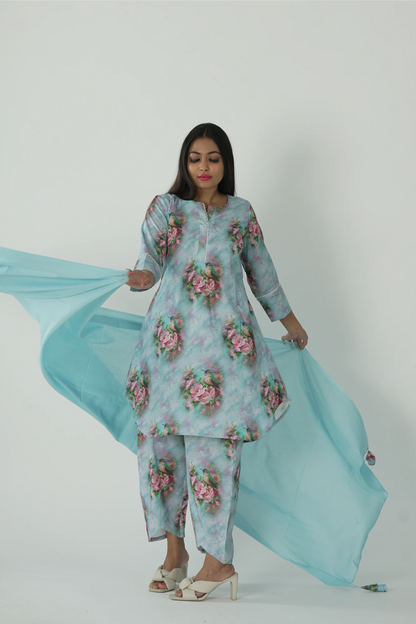 sea blue kurta set with dupatta.