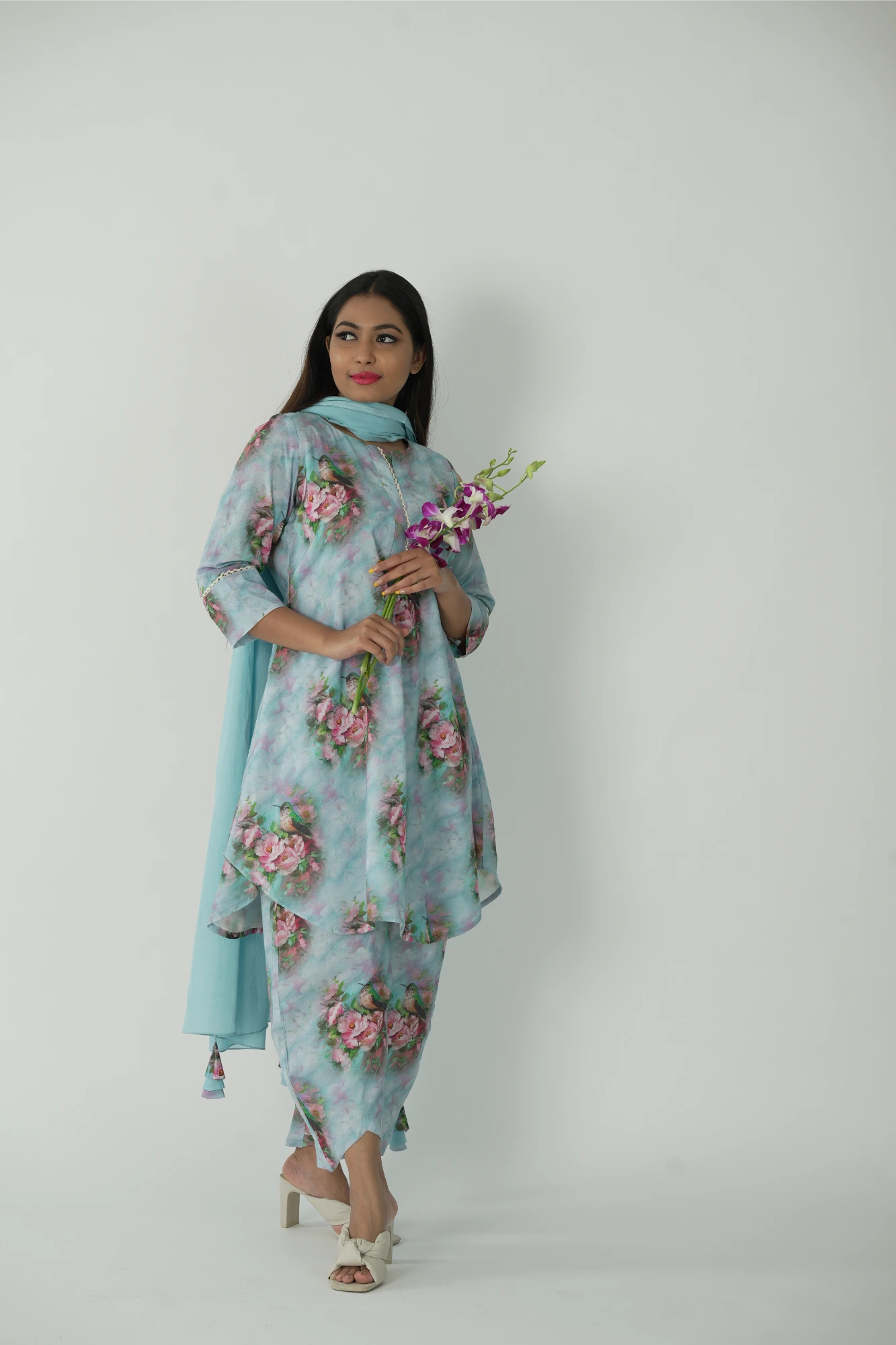 sea blue kurta set with dupatta.