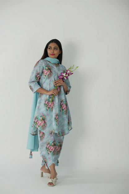 sea blue kurta set with dupatta.