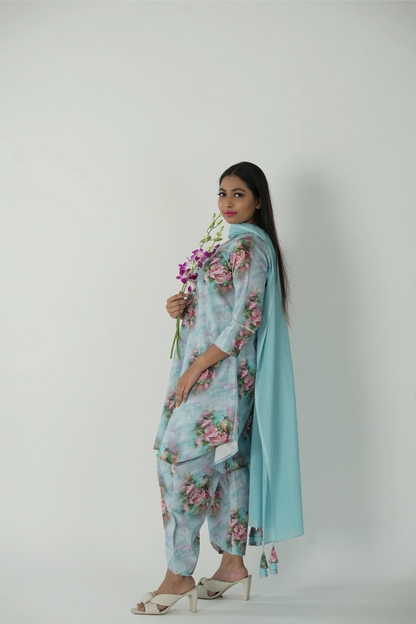 sea blue kurta set with dupatta.