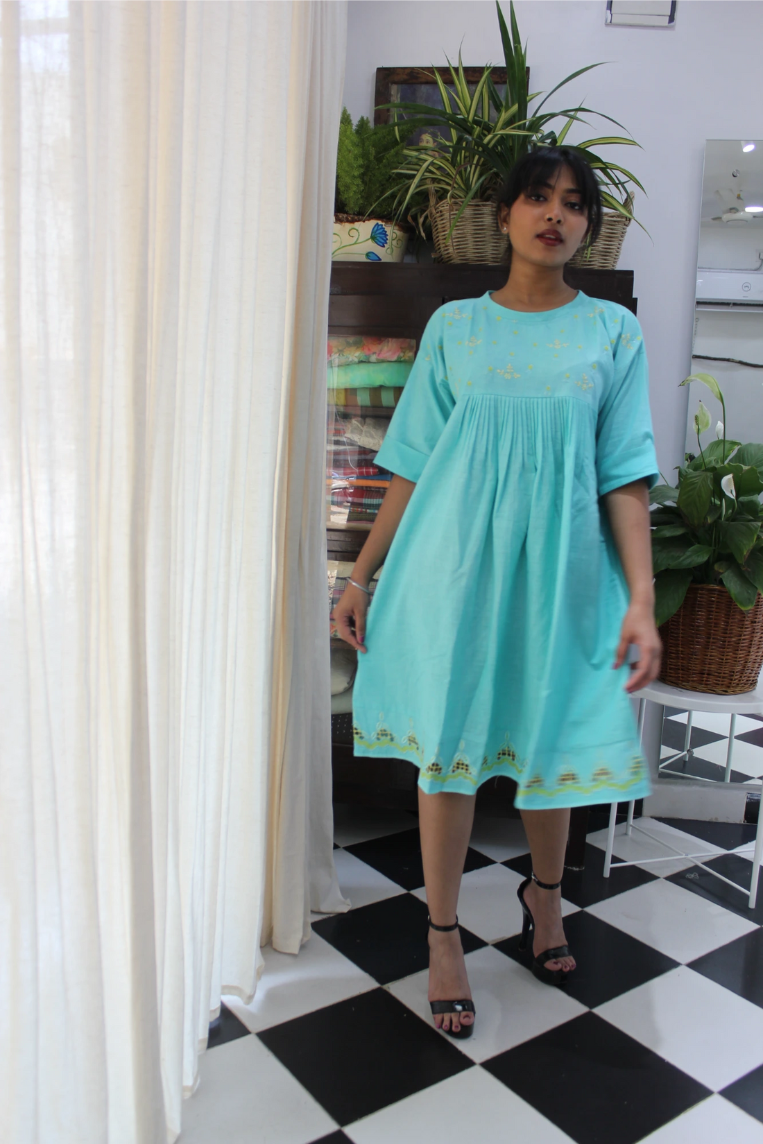 Blue embroidery cut work frock