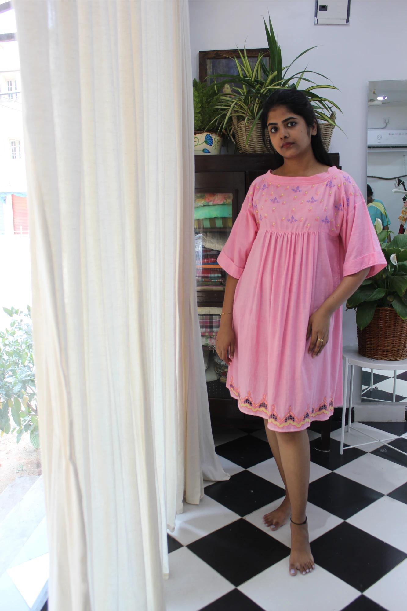 Candy pink embroidery cut work  frock