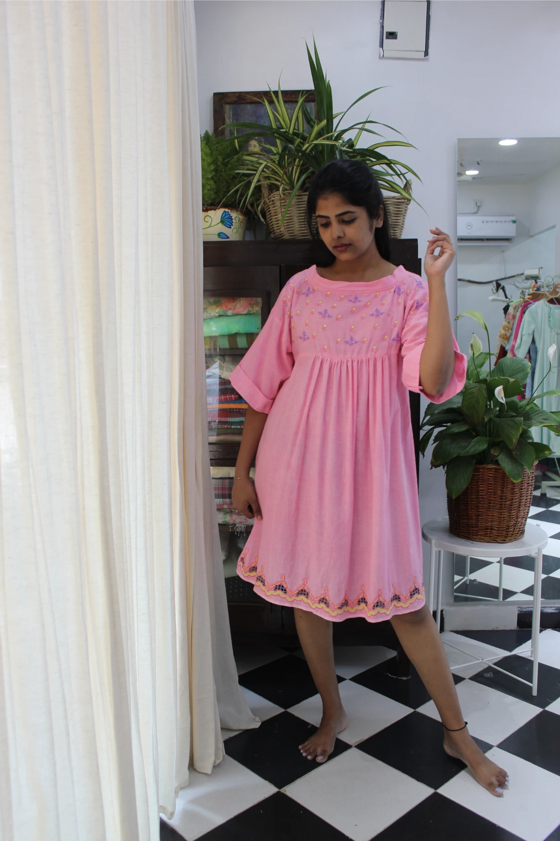 Candy pink embroidery cut work frock