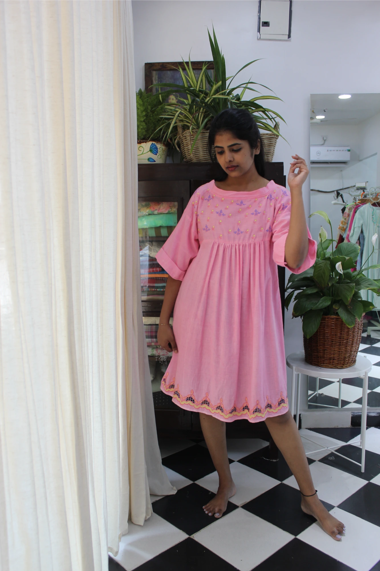 Candy pink embroidery cut work  frock