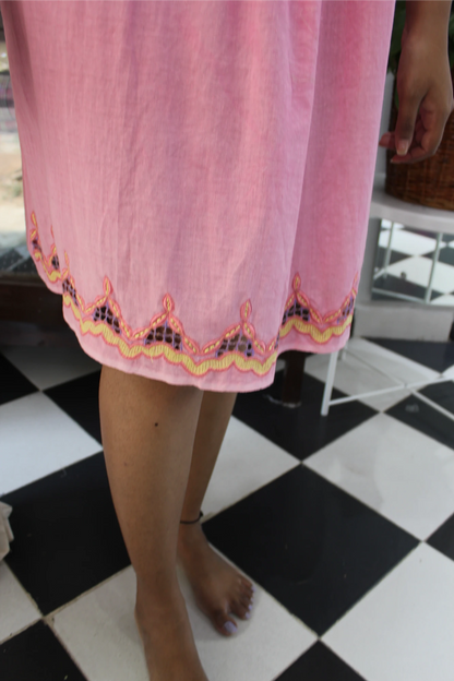 Candy pink embroidery cut work  frock