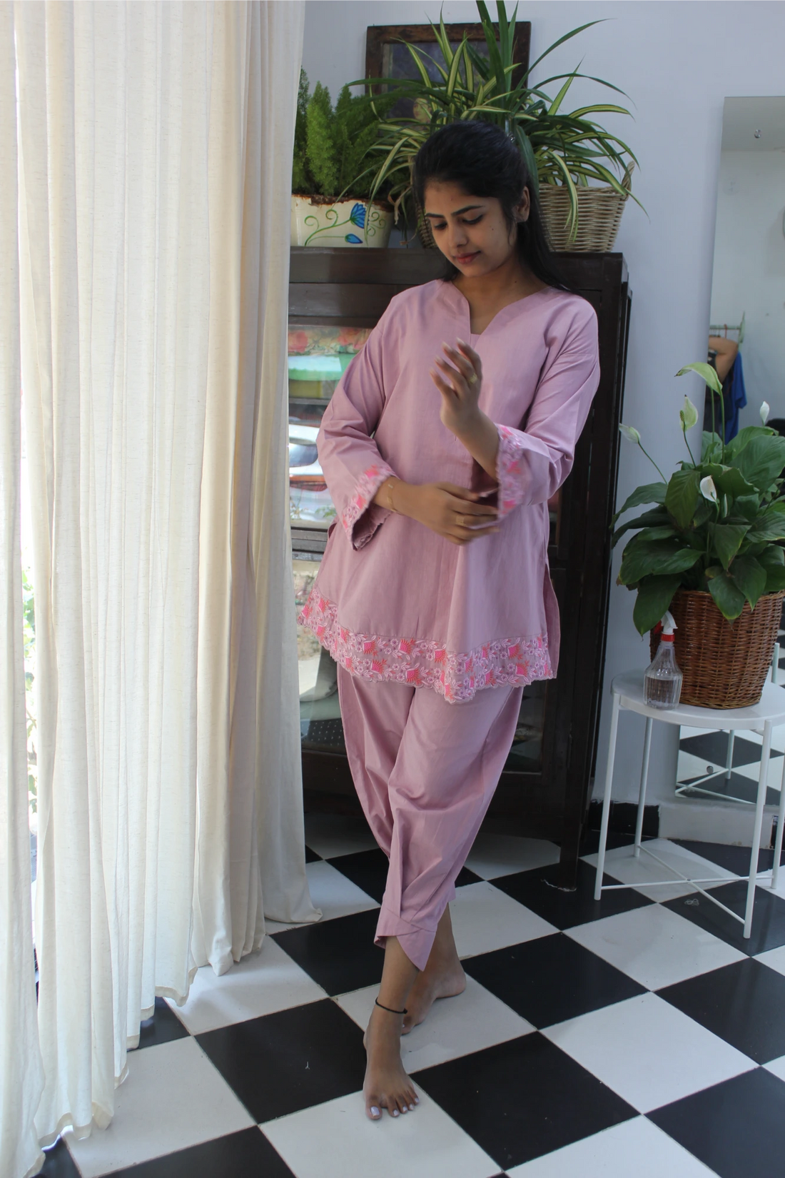 Blush pink co-ord or kurta set with embroidery.