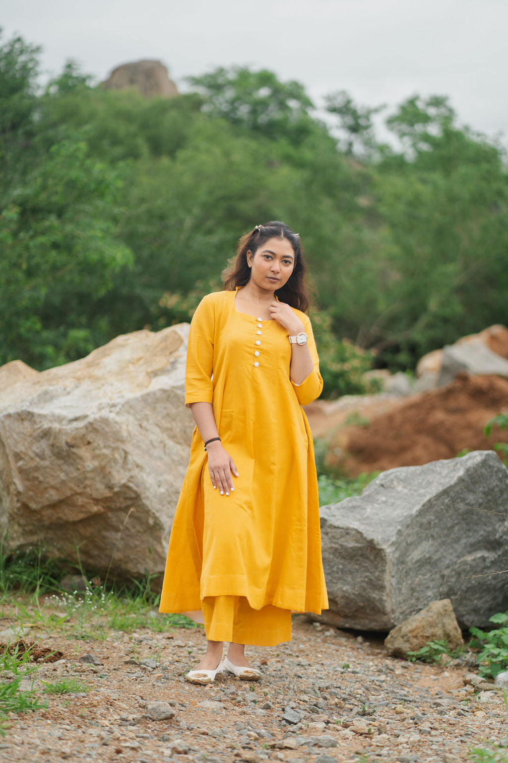 Golden Marigold Cotton kurta set with Dupatta.