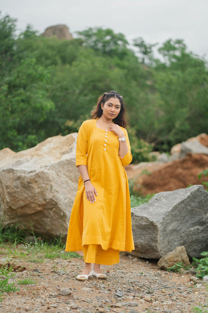 Golden Marigold Cotton kurta set with Dupatta.