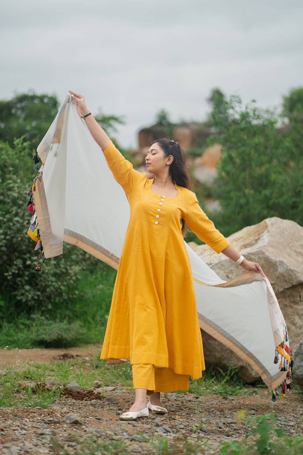 Golden Marigold Cotton kurta set with Dupatta.