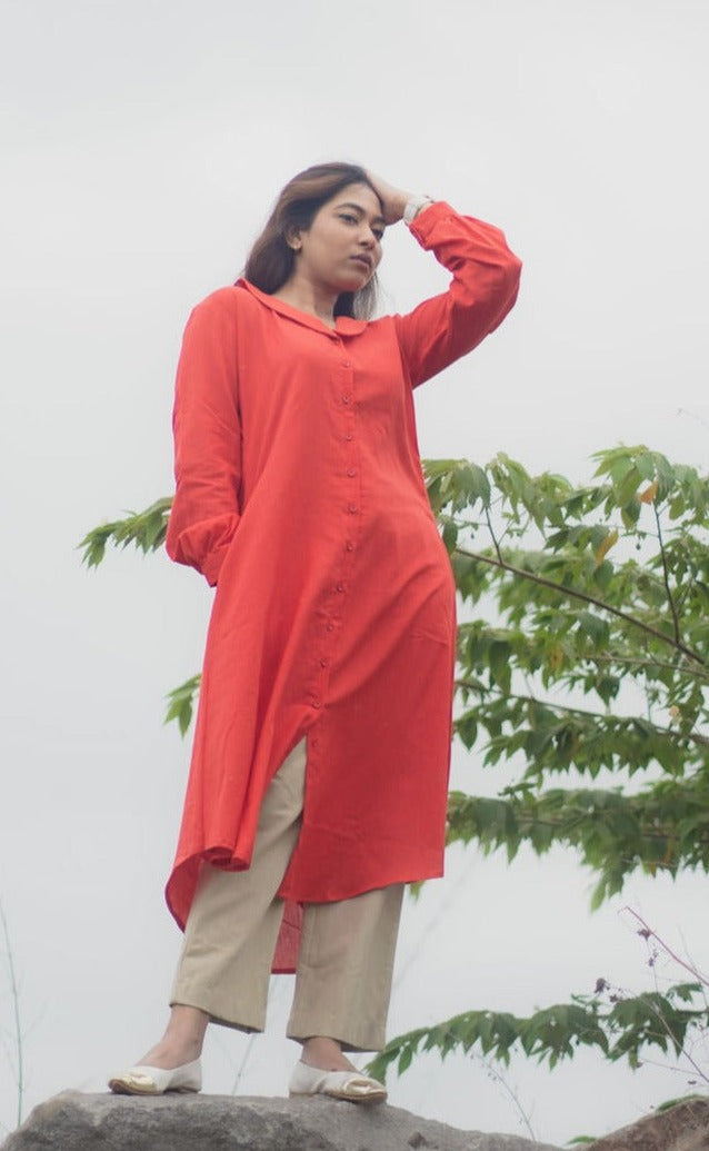 Red and Beige Kurta Set