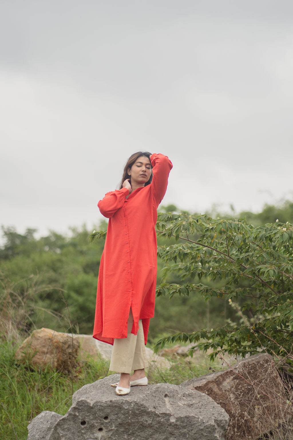 Red and Beige Kurta Set