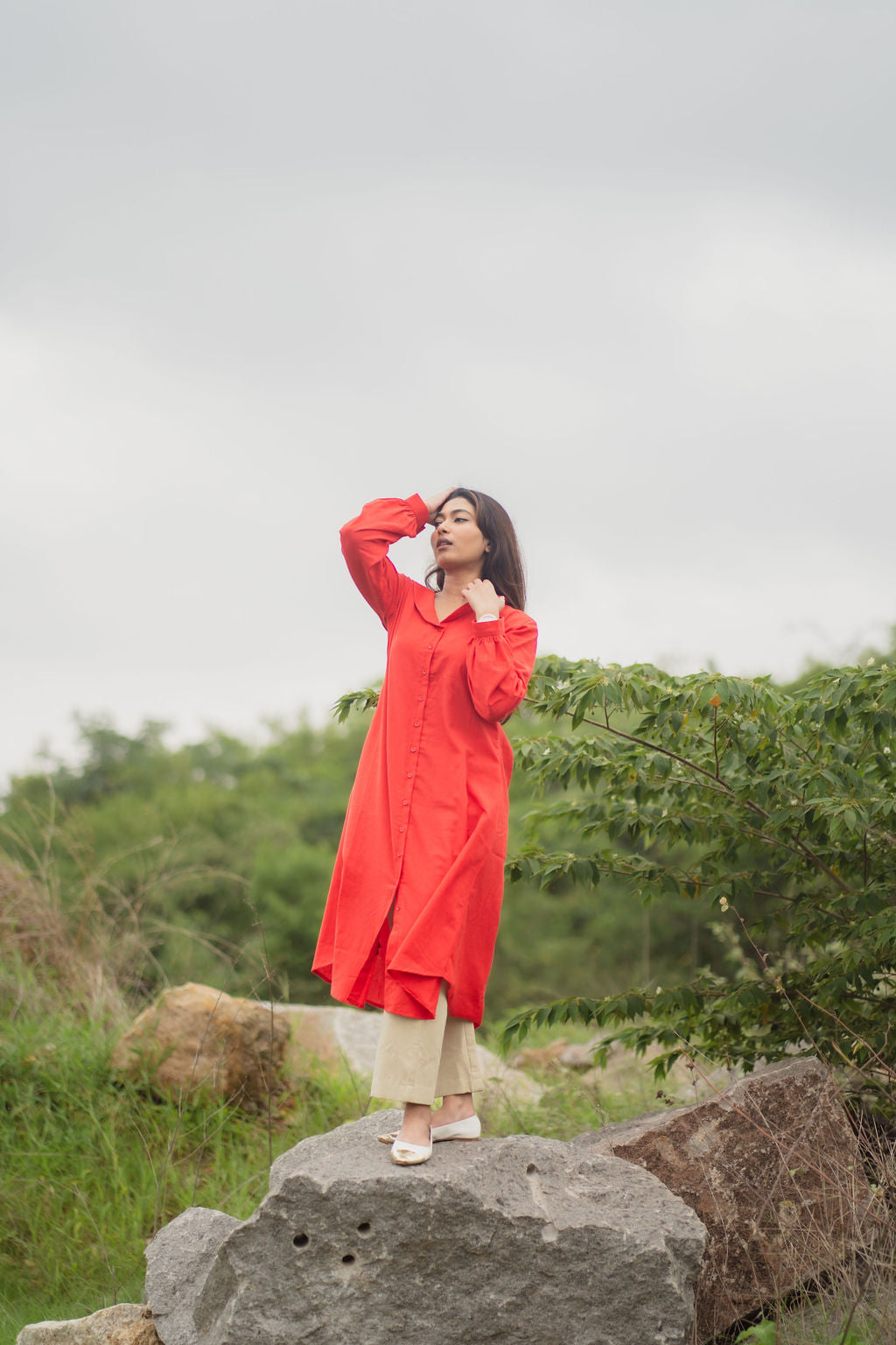 Red and Beige Kurta Set