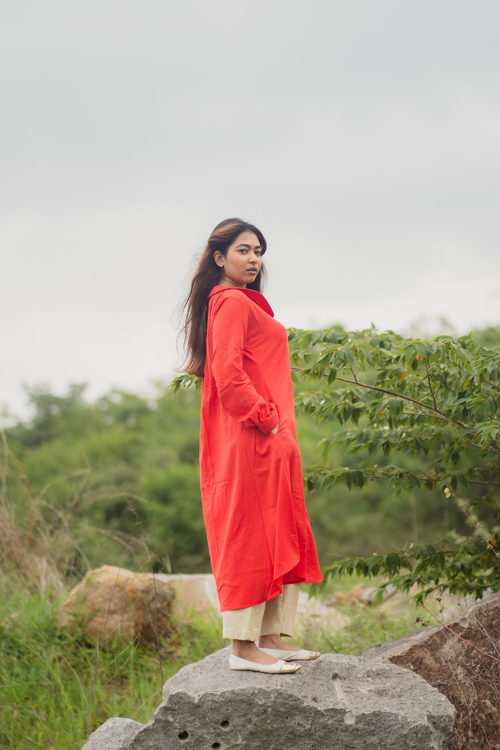 Red and Beige Kurta Set