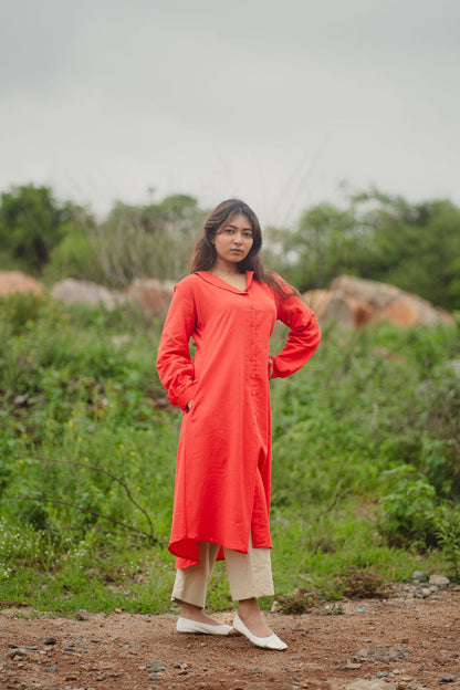 Red and Beige Kurta Set