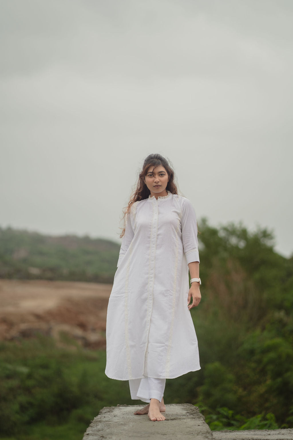 White Lace Trim Kurta Set