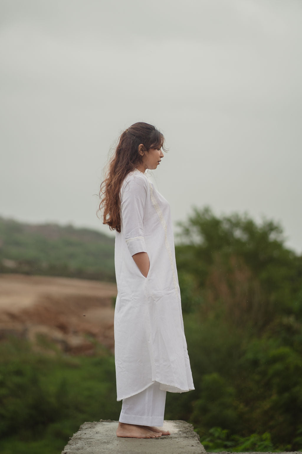 White Lace Trim Kurta Set