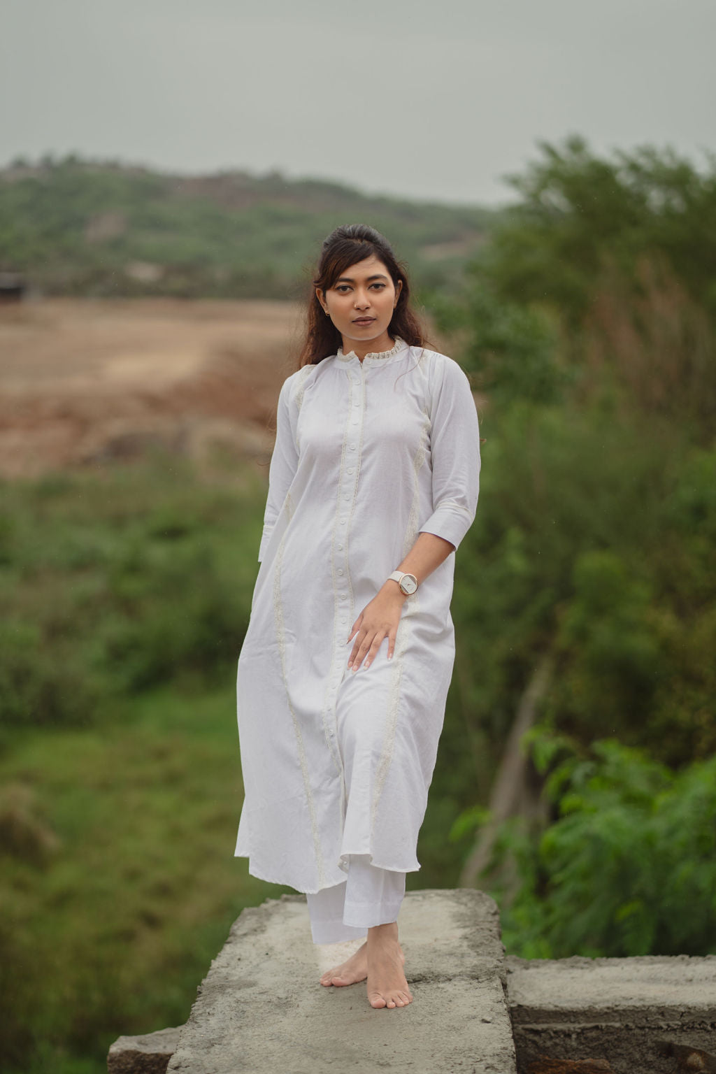 White Lace Trim Kurta Set