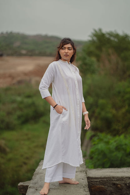 White Lace Trim Kurta Set