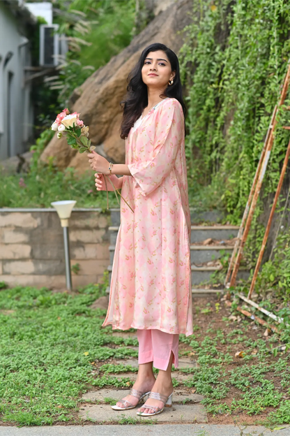 Blush Bloom Silk Phiran Set with Dupatta