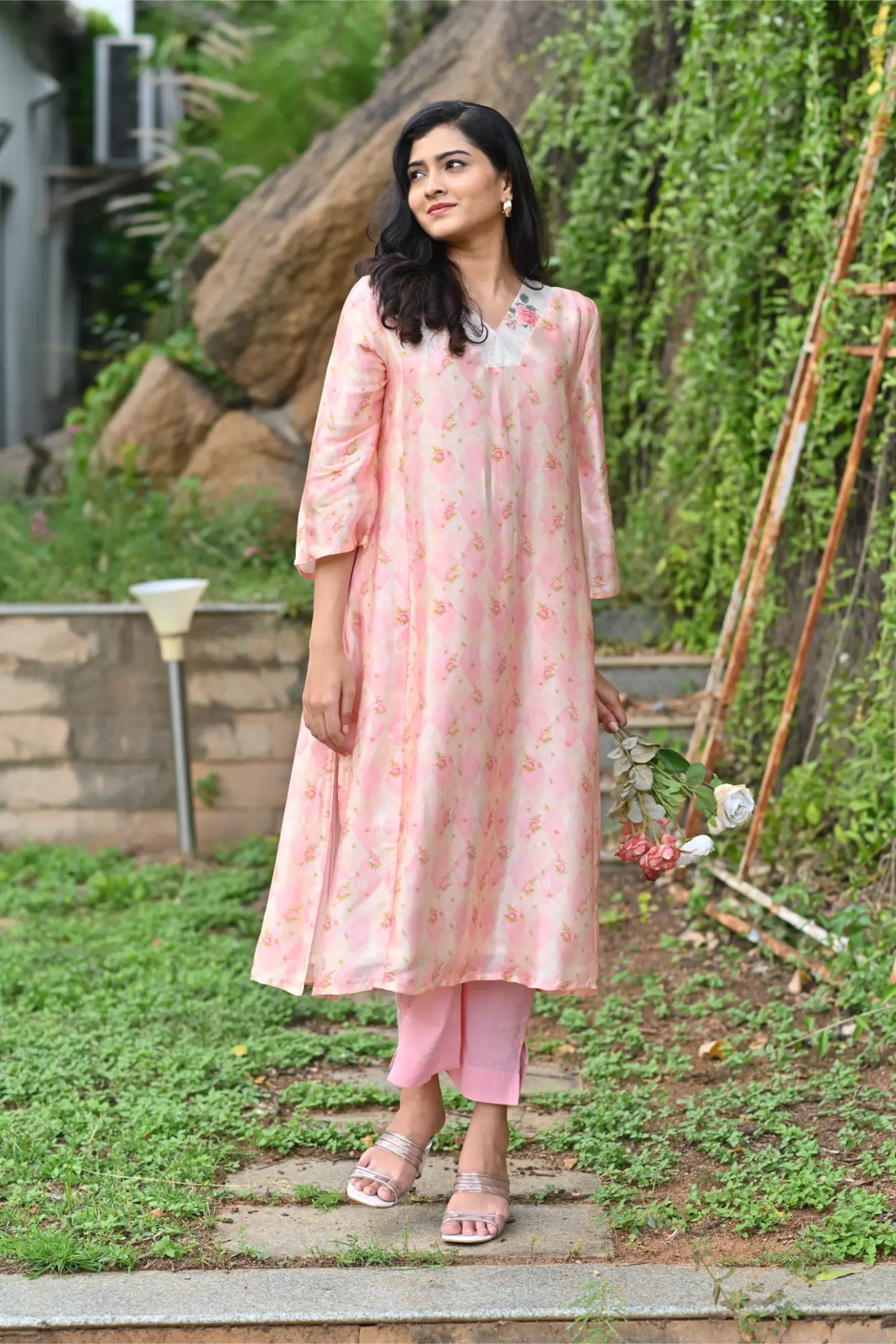 Blush Bloom Silk Phiran with pant