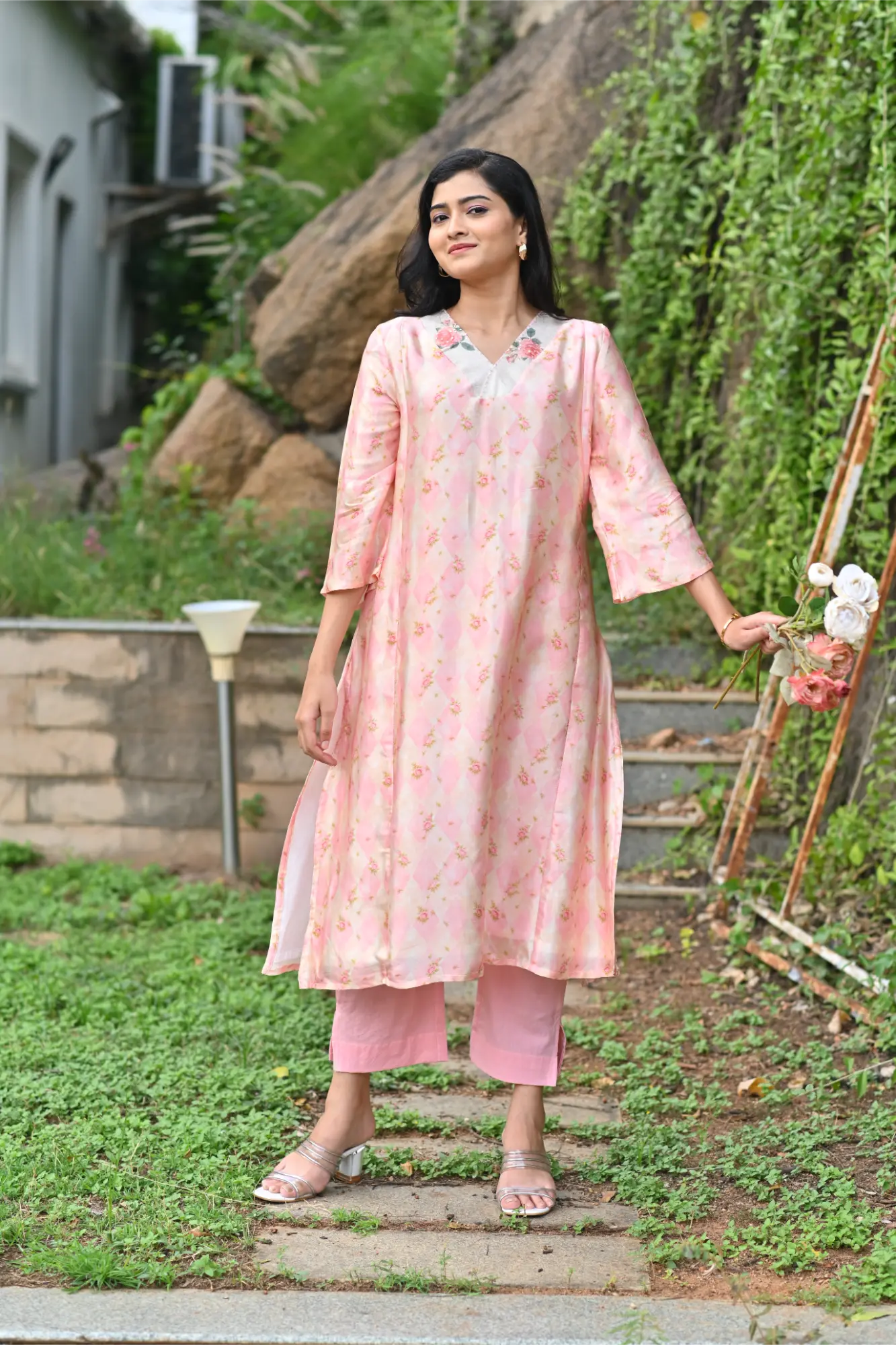 Blush Bloom Silk Phiran Set with Dupatta