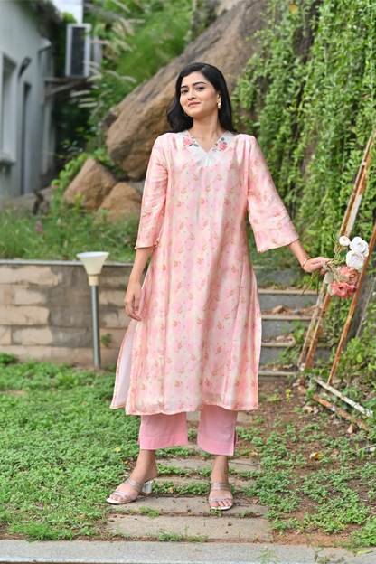 Blush Bloom Silk Phiran Set with Dupatta