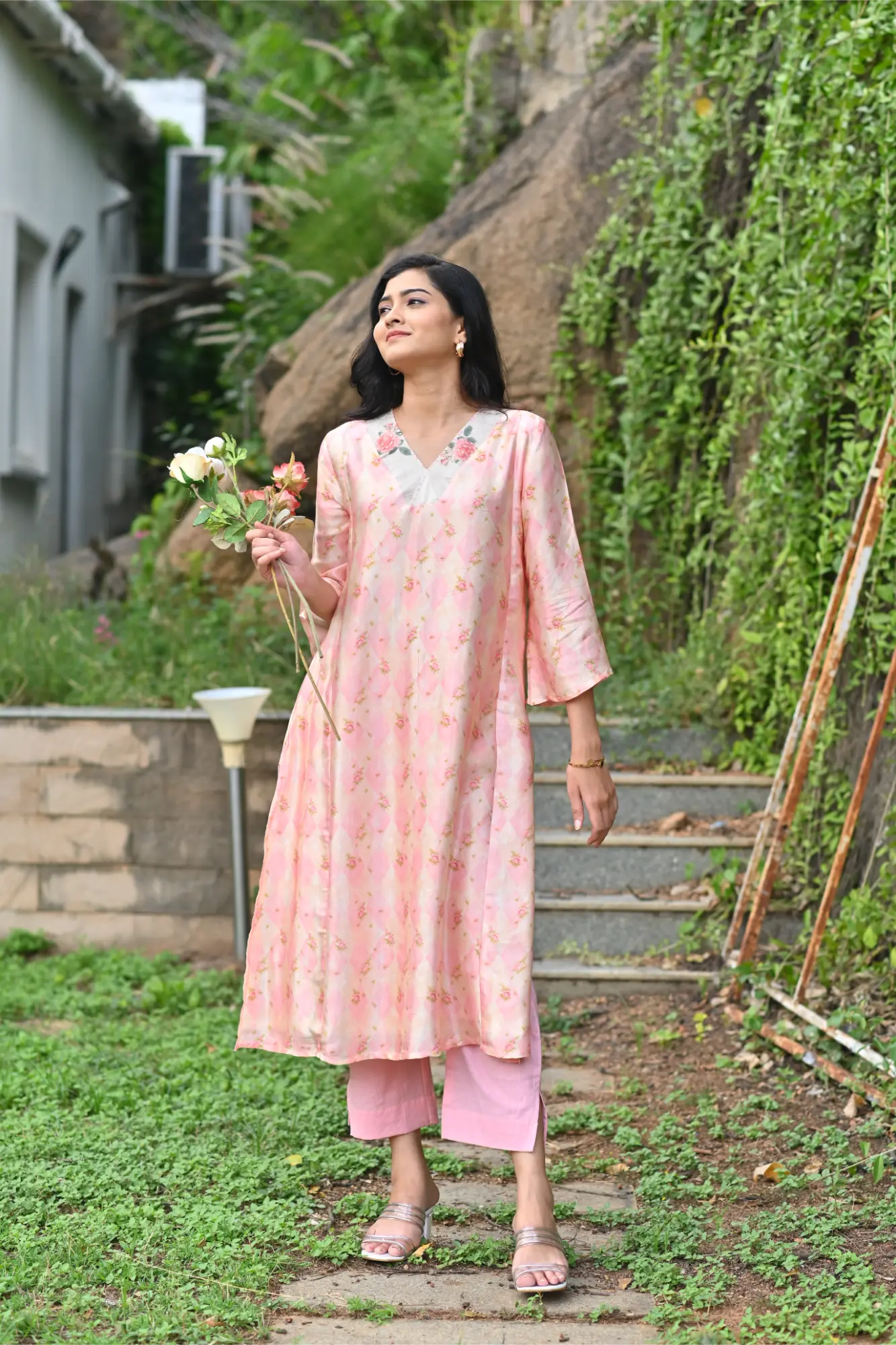 Blush Bloom Silk Phiran Set with Dupatta