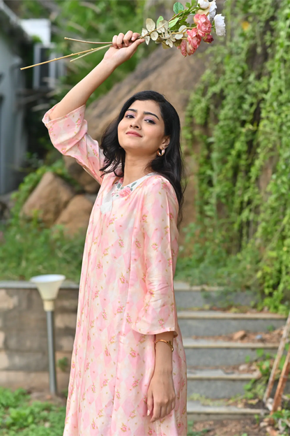 Blush Bloom Silk Phiran Set with Dupatta