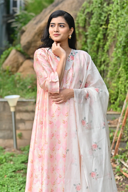 Blush Bloom Silk Phiran Set with Dupatta