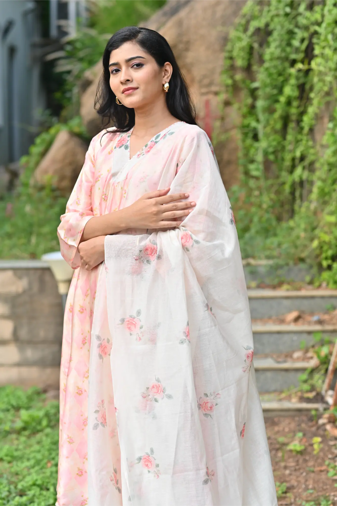 Blush Bloom Silk Phiran Set with Dupatta