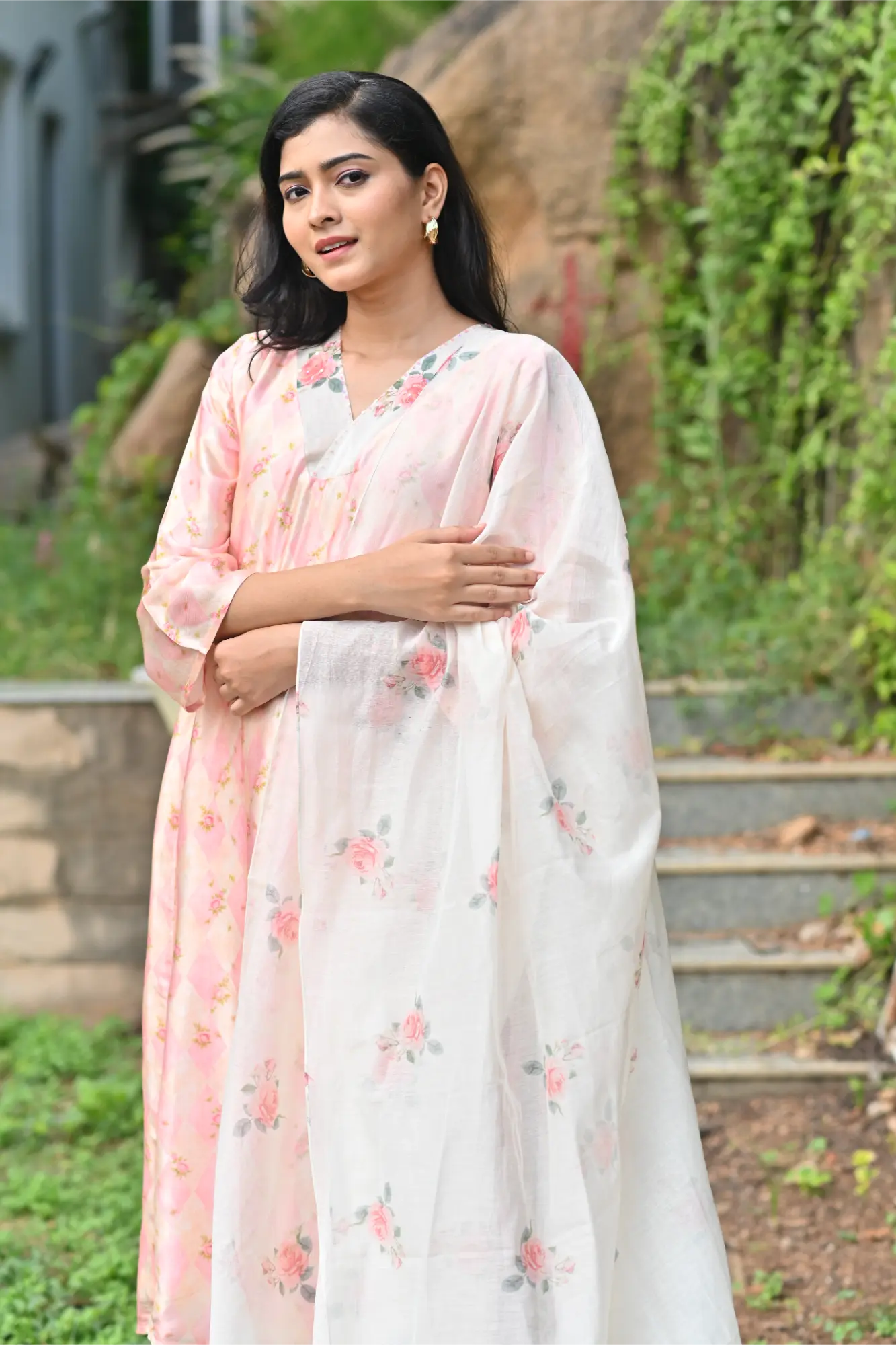 Blush Bloom Silk Phiran Set with Dupatta