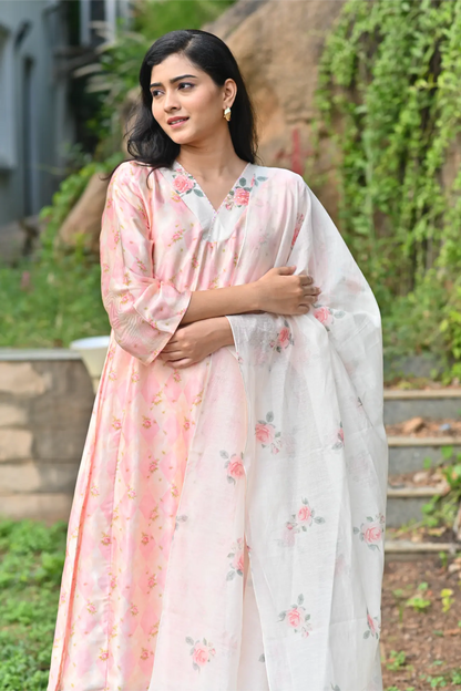 Blush Bloom Silk Phiran Set with Dupatta