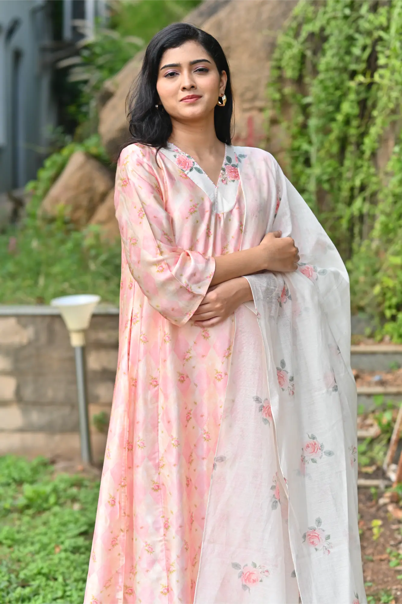 Blush Bloom Silk Phiran Set with Dupatta