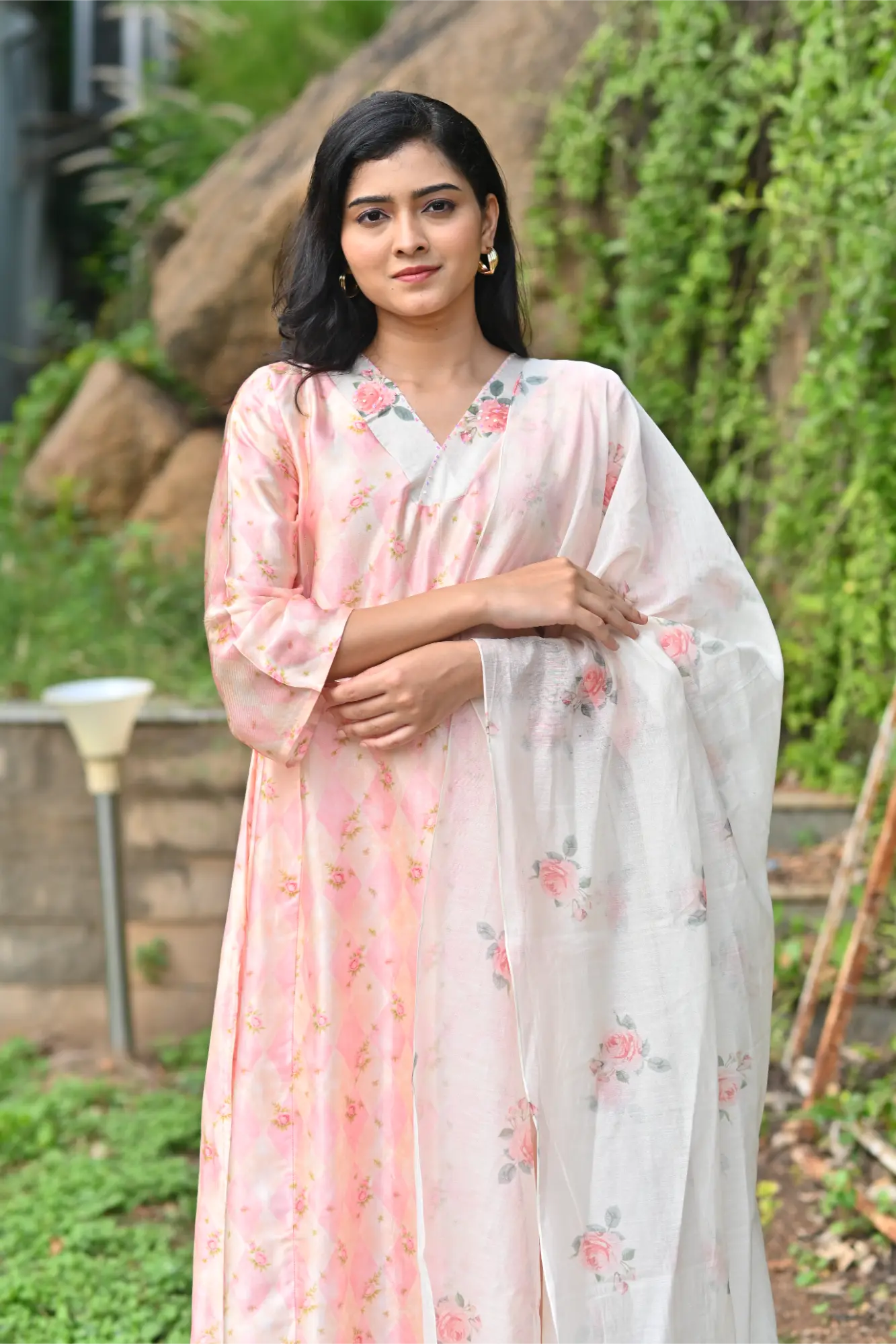 Blush Bloom Silk Phiran Set with Dupatta