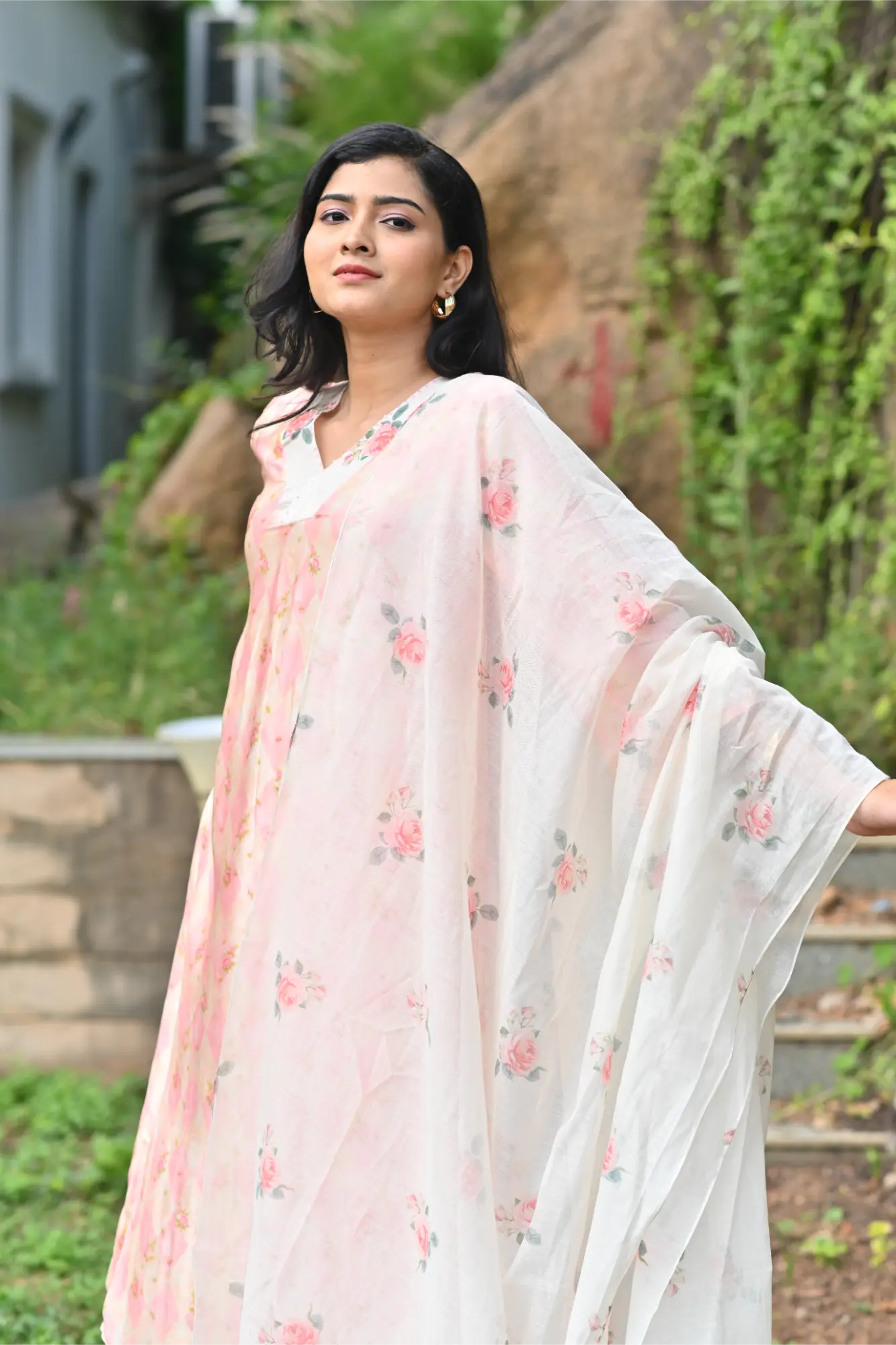 Blush Bloom Silk Phiran Set with Dupatta